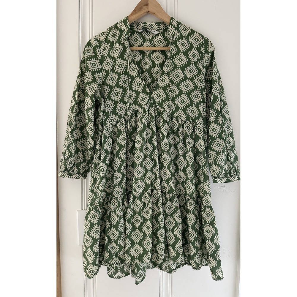 Zara Green‎ Geometric Print Tiered Mini Dress Womens XS Boho Peasant Cotton
